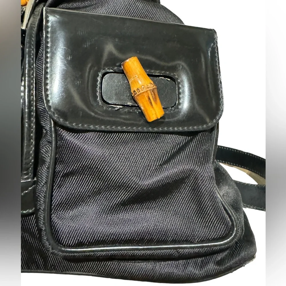 GUCCI Bamboo Patent Leather/Canvas Backpack Black with Dust Bag vintage